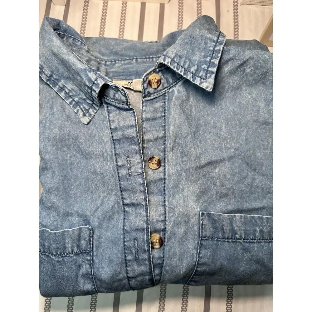 MPH Collection Blue Denim Shirt Dress S Collared Button Front Pockets Knee - Picture 9 of 9